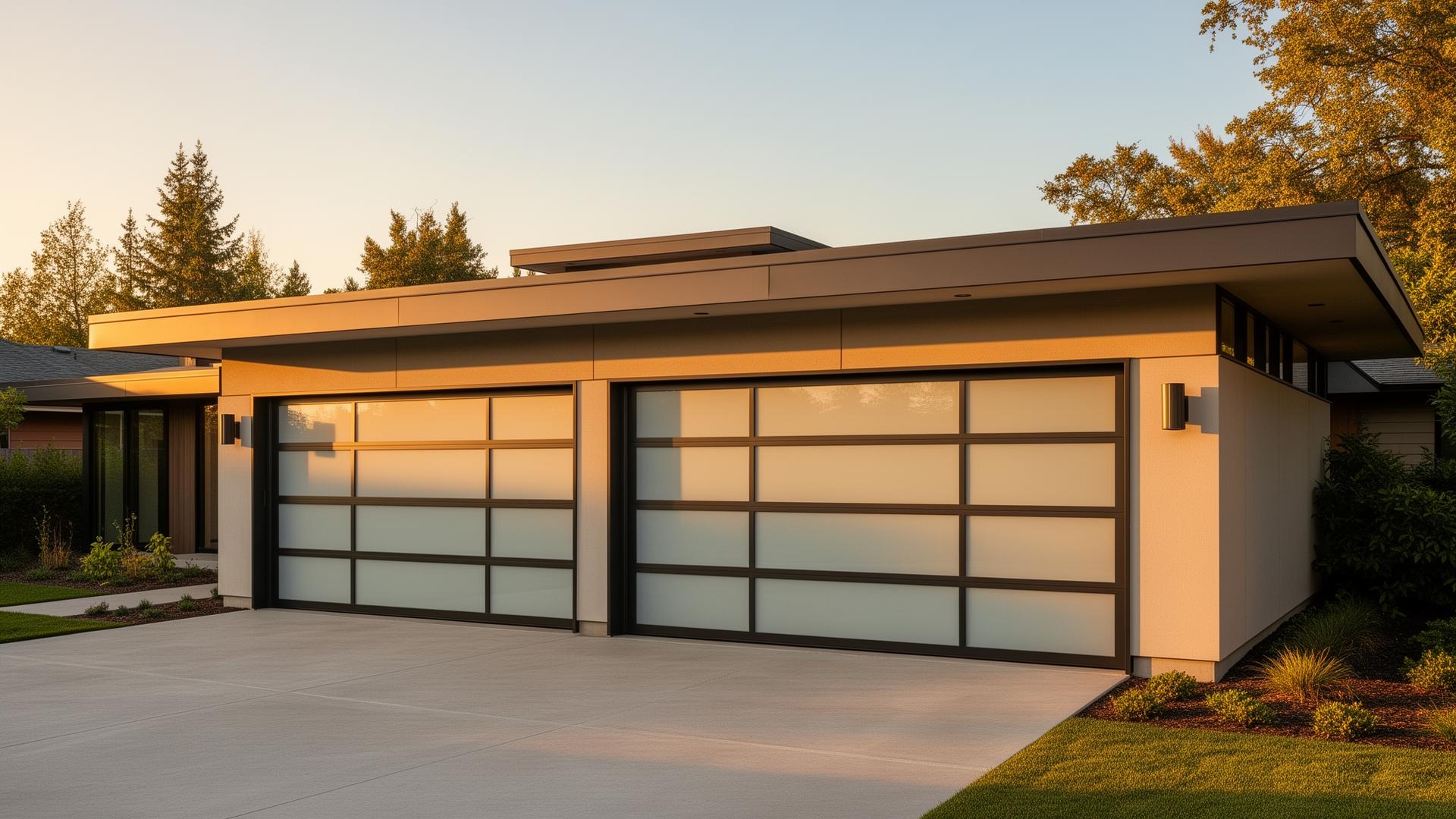 Modern sleek steel garage doors with frosted glass panels on mid-century home in Orange City, Florida