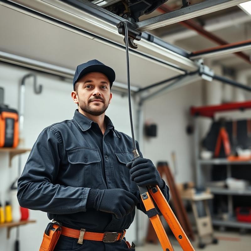 Professional garage door technician with tools servicing a garage door in Orange City, FL